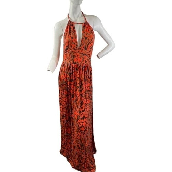 Milly Floral Burnt Orange Summer Jersey Halter Maxi Dress Woman’s Size Medium - Picture 1 of 15